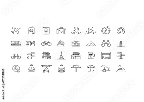 A set of black and white icons representing various modes of transportation and travel.