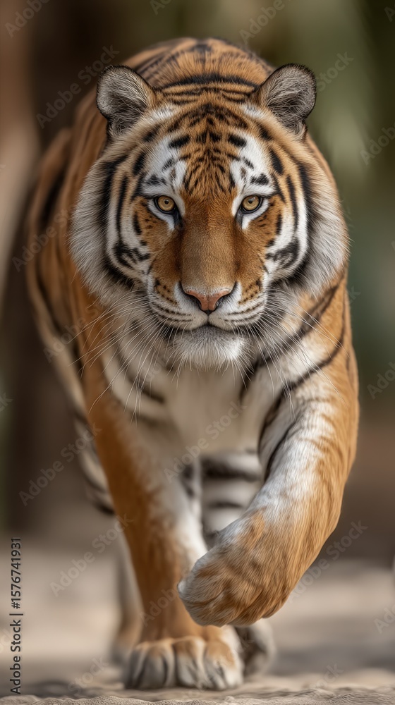 Fototapeta premium Majestic Bengal Tiger Walking Forward in Natural Habitat with Intense Focus and Striking Orange Black Striped Coat in Jungle Environment