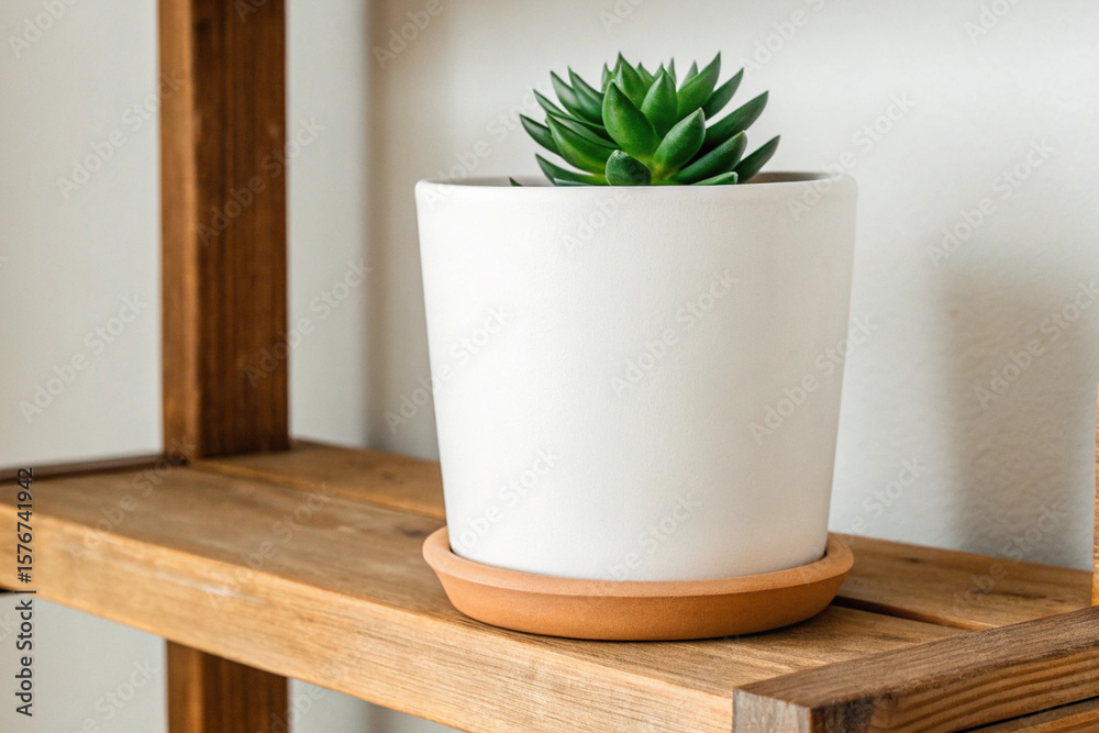 Obraz premium Succulent plant in white pot on wooden shelf home decor indoor gardening houseplant still life photography