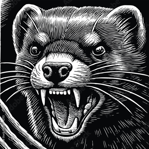 Detailed black and white illustration of an animal's head, possibly a weasel or marten, with a fierce expression