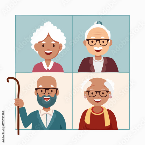 Smiling seniors connect via video conference call design