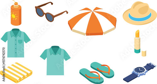 Beach essentials including clothing and accessories for summer vacation
