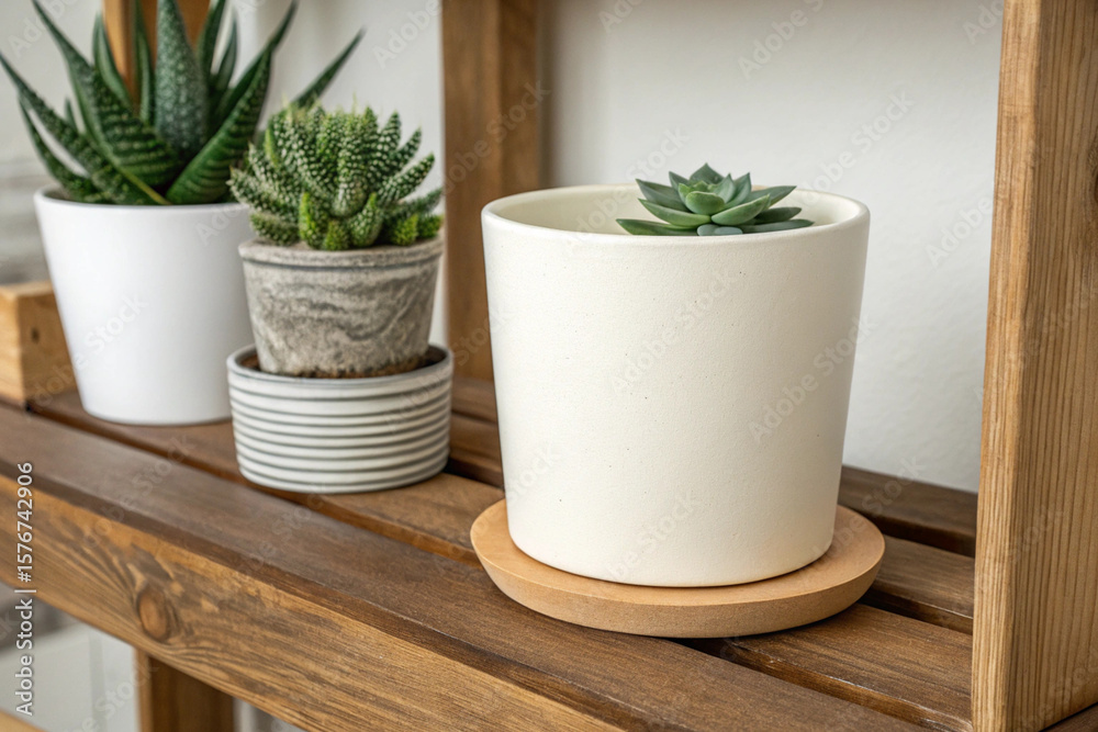 Obraz premium Succulent plants in pots on wooden shelf home decor houseplants indoor gardening plant care minimal style