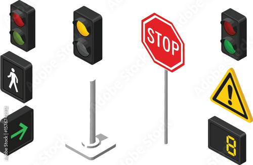 Isometric road signs including traffic lights stop sign and pedestrian