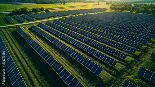 Aerial view of empty road amidst solar panels farm
