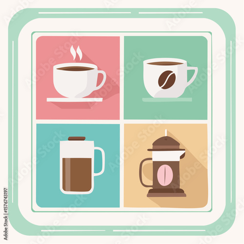 Coffee cups and French press graphic offers variety of coffee options