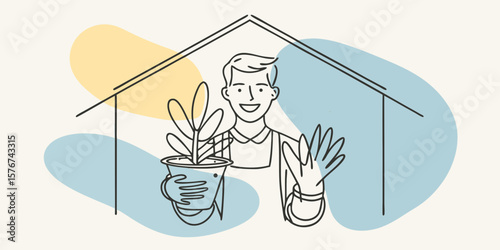 Smiling gardener holding a plant in a pot stands within a greenhouse frame, set against pastel color blobs.