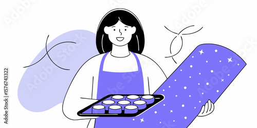 A woman wearing an apron is holding a baking sheet with cupcakes, perfect for culinary or family-themed designs, or food content.
