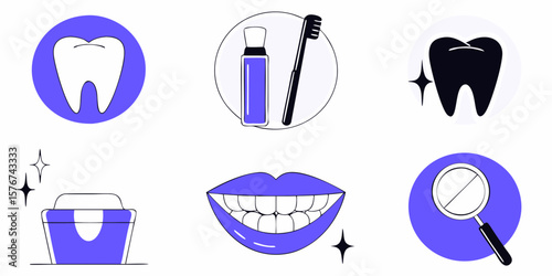 Dental hygiene graphics showcasing toothbrush, toothpaste, and healthy teeth, ideal for healthcare and dental care branding.