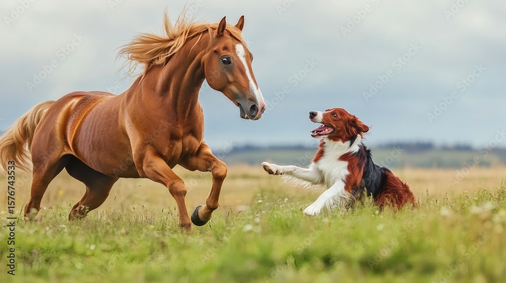 Fototapeta premium A brown horse runs near a dog in a green meadow