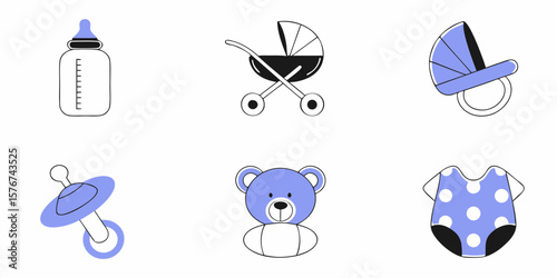 Charming set of baby graphics offers a delightful compilation of essential newborn elements like a bottle, teddy bear, stroller, pacifier, and baby suit.