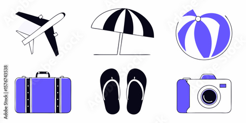 Enjoy summer vacation vibes with this charming graphic featuring travel, beach, and leisure elements for design projects.