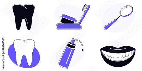 Dental care elements present a set of tools and symbols related to hygiene, including teeth, toothpaste, mouth, toothbrush, and a dental mirror.