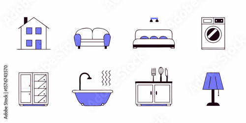 Charming linear art features a collection of home interior elements for creative decoration and design projects with a relaxing color palette.