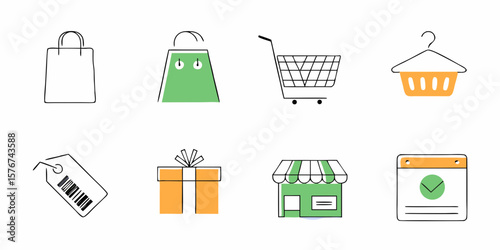 Shopping icons present a clean and modern design suitable for e-commerce, retail, and promotion materials, featuring shopping bags, cart, and gifts.