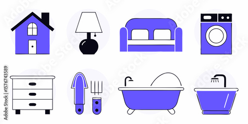 Charming household elements graphic set ideal for interior design projects and clean home appliance promotions or branding applications.