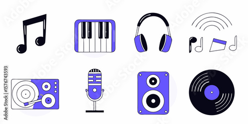 An engaging set of music elements designed for musical branding, including a microphone, record player, headphones, and piano keys.