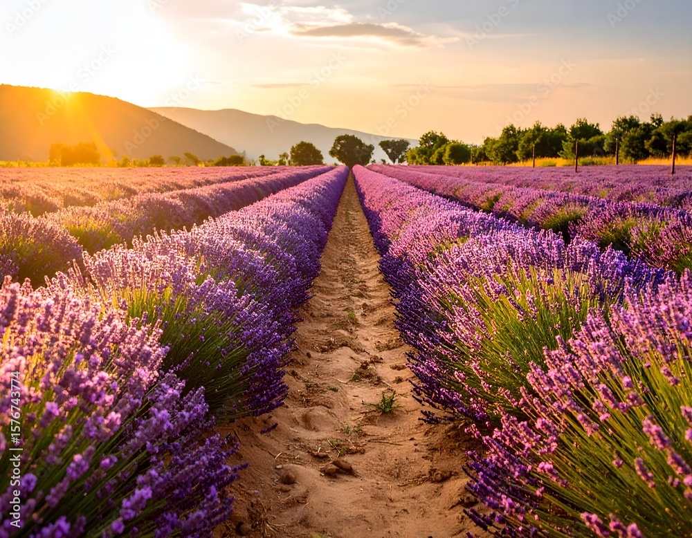 Obraz premium Lavender Field Sunset Scenic Landscape