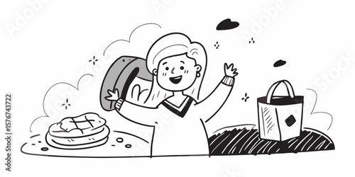 Cheerful cartoon person with food items, waffle and package, in a clean, scalable graphic suitable for menus or restaurant branding