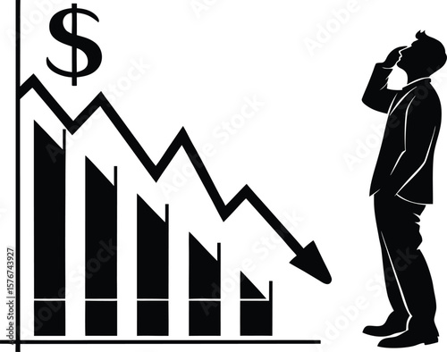 Silhouette vector of a worried businessman observing a falling financial chart. Iconic clip art for economic crisis, stock market crash, or financial loss concepts.

