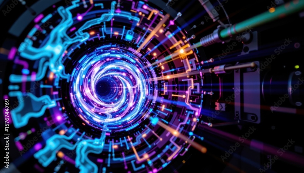 Fototapeta premium Futuristic digital technology abstract background with vibrant glowing neon lights and intricate circular patterns representing innovation and connectivity