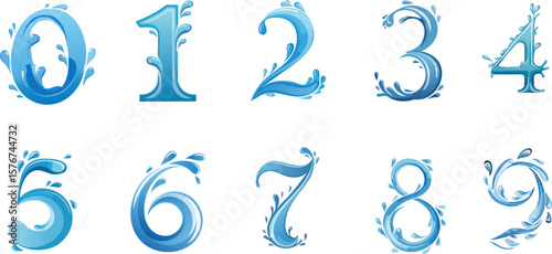Elegant and creative set of watery numbers. The numbers are formed from water droplets with vibrant blue colors. They would be an excellent resource for any kind of numeral project.