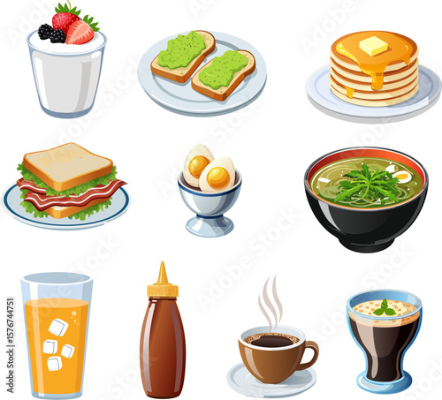 Collection of various breakfast foods including yogurt parfait, avocado toast, pancakes, bacon sandwich, boiled eggs, soup, orange juice, sauce bottle, coffee, and iced coffee.