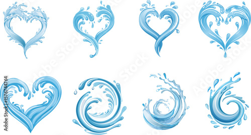 Various artistic representations of water hearts and wave elements, symbolizing love and fluidity