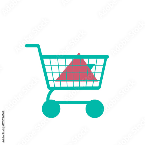 Turquoise shopping cart with pink triangle inside isolated on white background