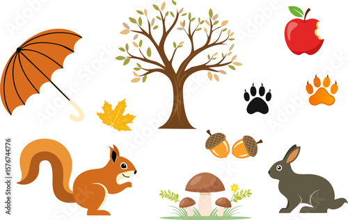 Autumnal collection of illustrated elements including squirrel, rabbit, and leaves 