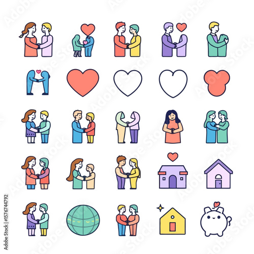 Collection of diverse couples and hearts expressing love and connection isolated on white background