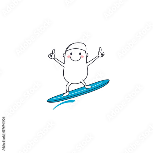 Happy cartoon character surfing on a blue board giving thumbs up isolated on white background