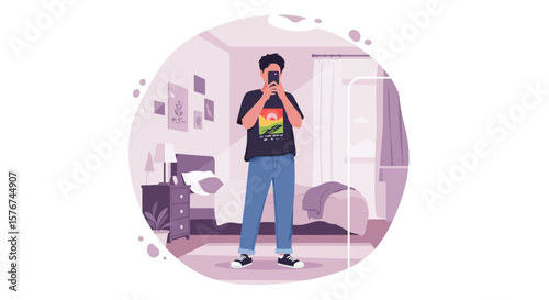 Stylish Teen Takes Selfie in Cozy Bedroom Flat Design.