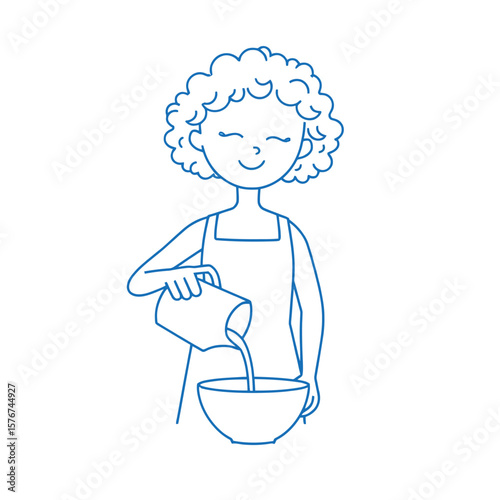 Smiling curly haired person pouring liquid into a bowl isolated on white background