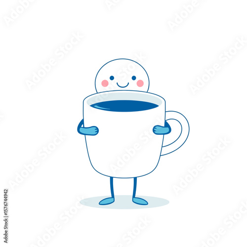 Cute cartoon character holding a cup of coffee isolated on white background