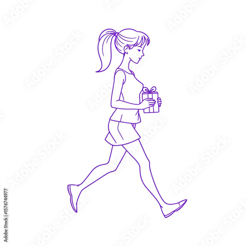 Young woman in casual attire holding a gift box and walking isolated on white background