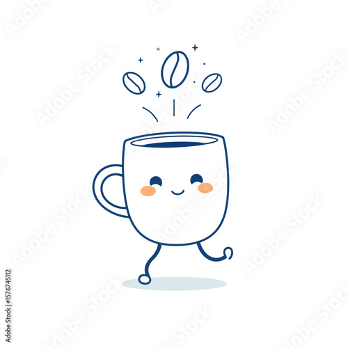 Happy cartoon coffee cup with beans jumping isolated on white background