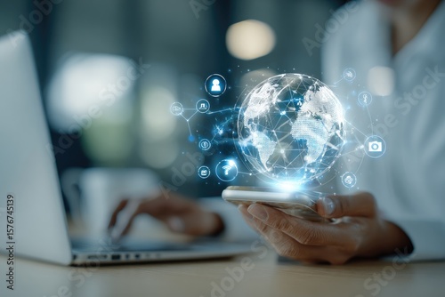 Hands hold phone, holographic global network over it