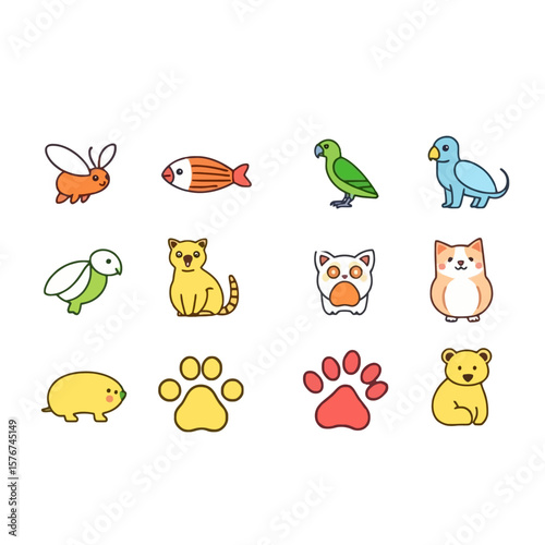Collection of cute cartoon animals and paw prints isolated on white background