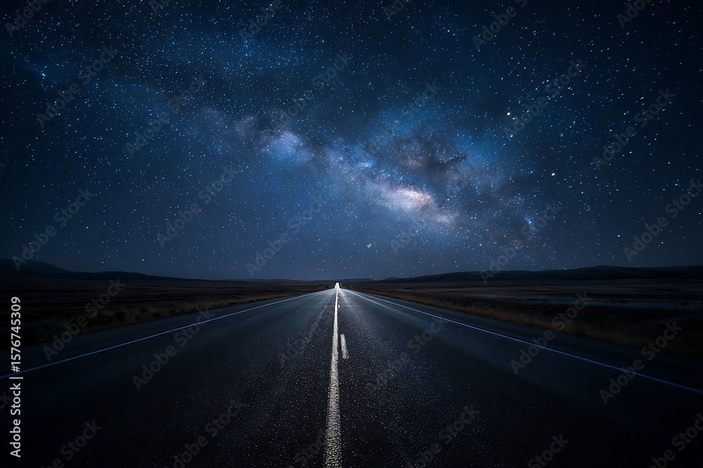 Fototapeta premium Milky Way Over Asphalt Road Leading Through Dark Landscape Under Clear Night Sky