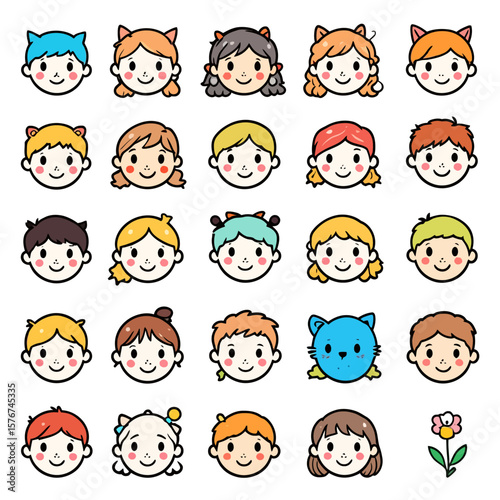 Collection of diverse cute cartoon children faces and a cat isolated on white background