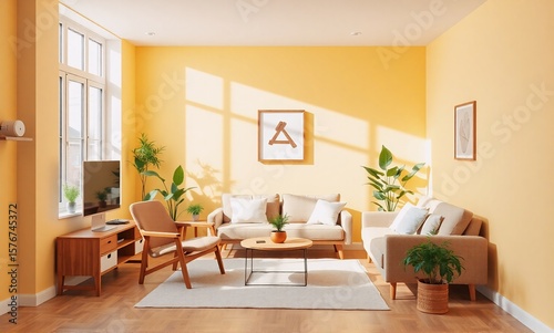 Wallpaper Mural A cozy living room with yellow walls, modern furniture, and potted plants. Torontodigital.ca