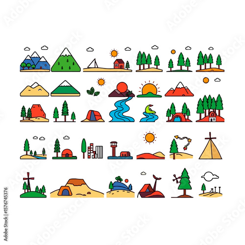 Collection of cartoon nature landscape elements isolated on white background