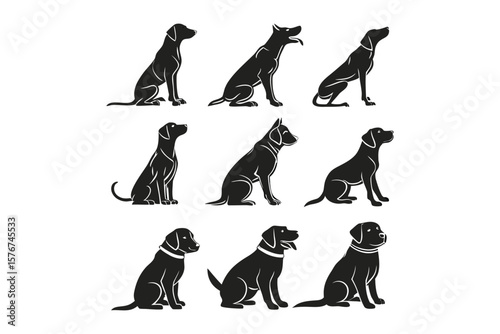 nine dog silhouettes, black and white
