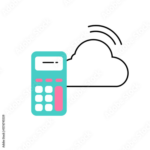 Calculator connected to the cloud with wireless signals isolated on white background