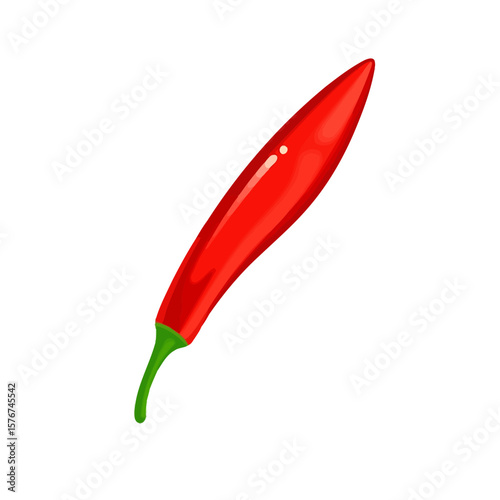 A single vibrant red chili pepper with a green stem isolated on white background