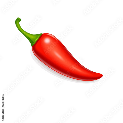 Vibrant red chili pepper with green stem isolated on white background