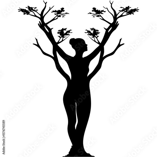 Silhouette with double exposure growing tree