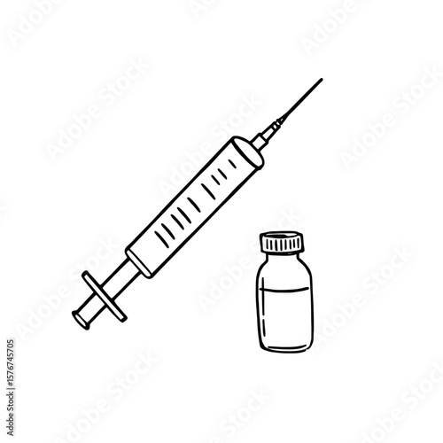 Hand drawn illustration of a medical syringe and vial isolated on white background