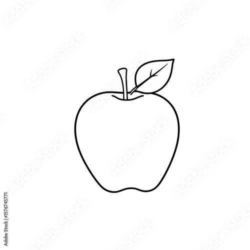 Simple black line drawing of an apple with a leaf isolated on white background